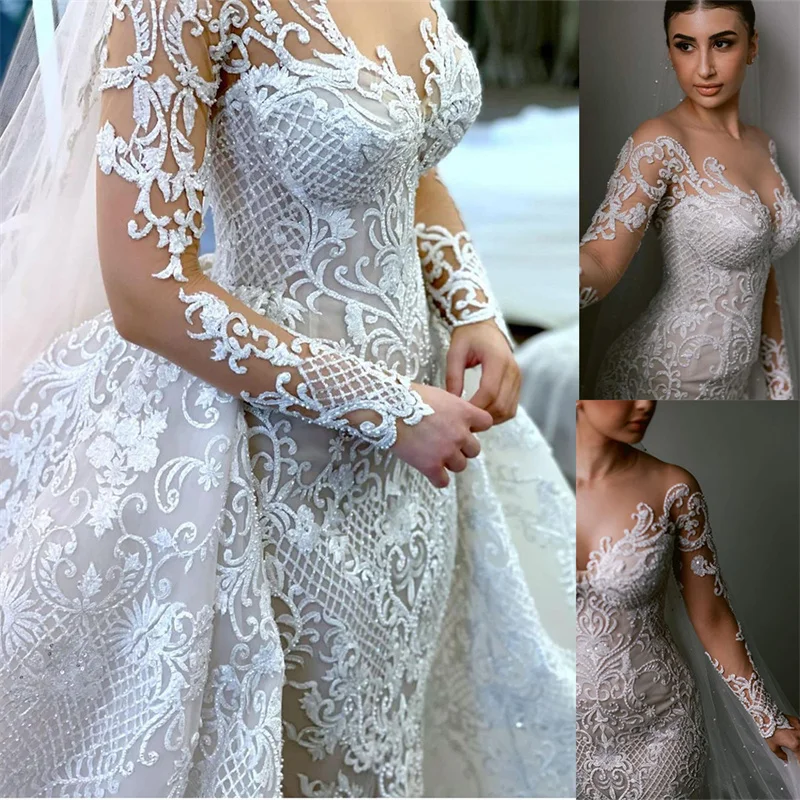 Lace Appliques Mermaid Women Wedding Dress Jewel Long Sleeves Bridal Gowns Custom Made Detachable Train Vestido de novia