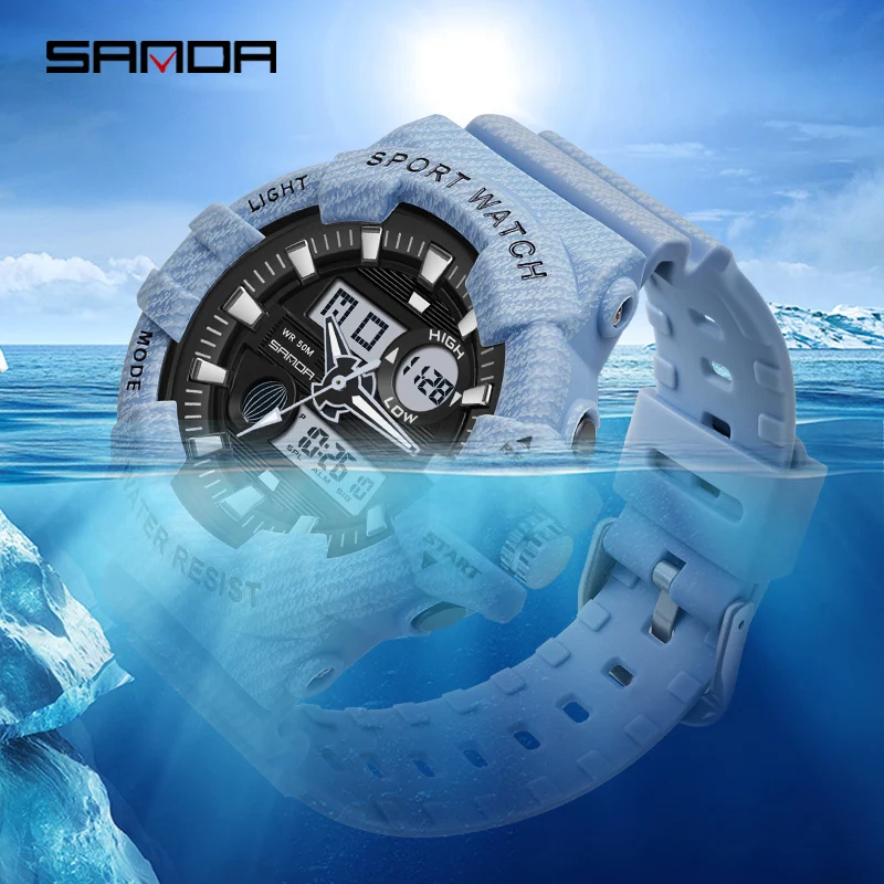 SANDA Sports Watch Luminous LED Digital Analog Watch Multifunctional Dual Display Women Watch Automatic Calendar 5ATM Waterproof