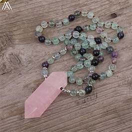Natürliche Rosa Quarz Doppel Stick Punkt Anhänger 8mm Verfilzte Amazonit Rosen Quarz Runde Perlen Schnur Verknotet Mala Halskette Schmuck – Detail 12