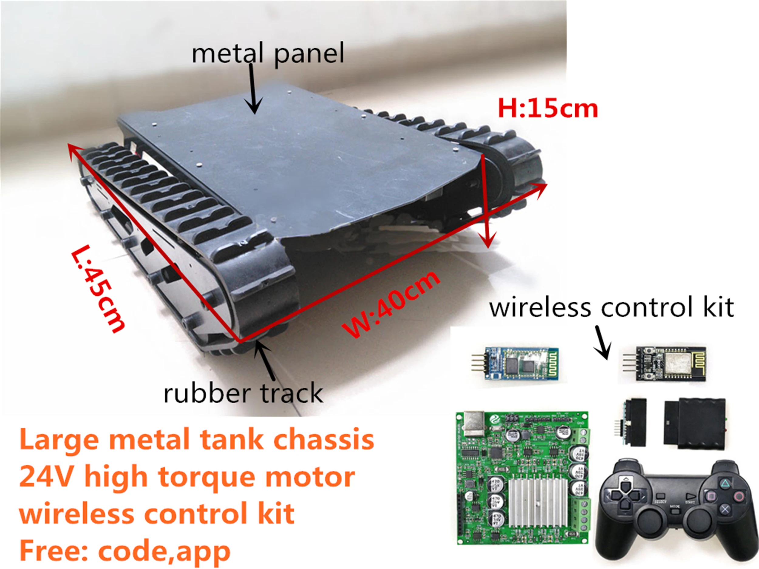 

18KG Load Large Metal Smart RC Tank Chassis Kit+ Wireless Wifi/Bluetooth/Handle Controller 24V Motor DIY For Arduino Free Code