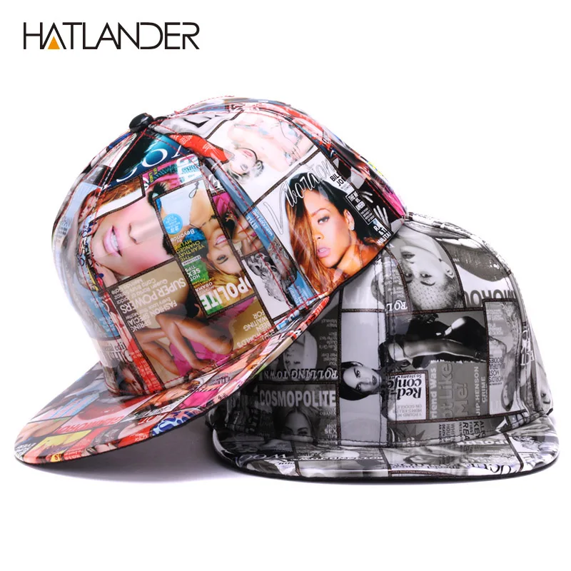 HATLANDER Fashion leather baseball caps for women full printing snapback caps cool hip hop cap hat men adjustable PU sports hats