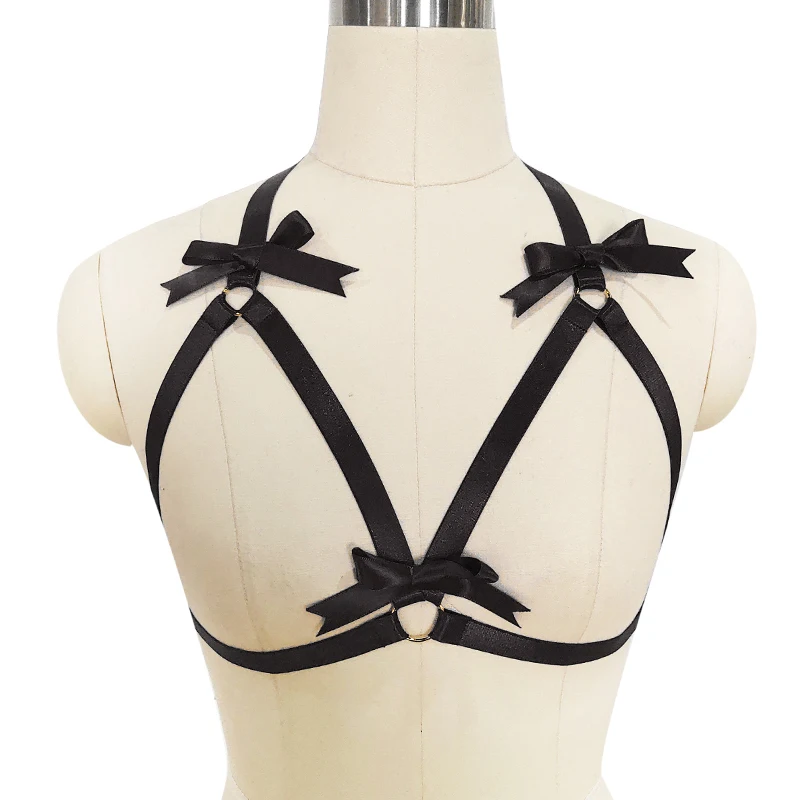 

Original Design Black Bow Harness Bra Kawaii Open Chest Bondage Body Cage Pastel Gothic Body Harness Belt
