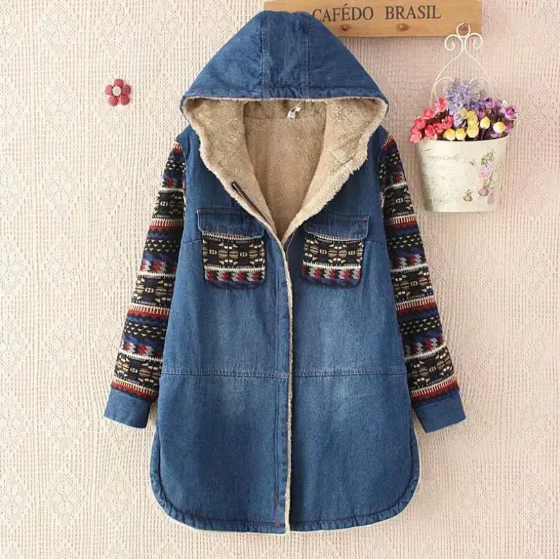 

2020 Winter Women Hooded Denim Cotton-padded Jacket Lady pocket patchwork Thicken Coat Warm Lamb wool Jean Overcoat p1796