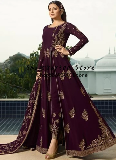 Anarkali suits party wear Anarkali evening dresses 2024 grape purple gold lace applique long sleeve arabic indian prom dress AliExpress