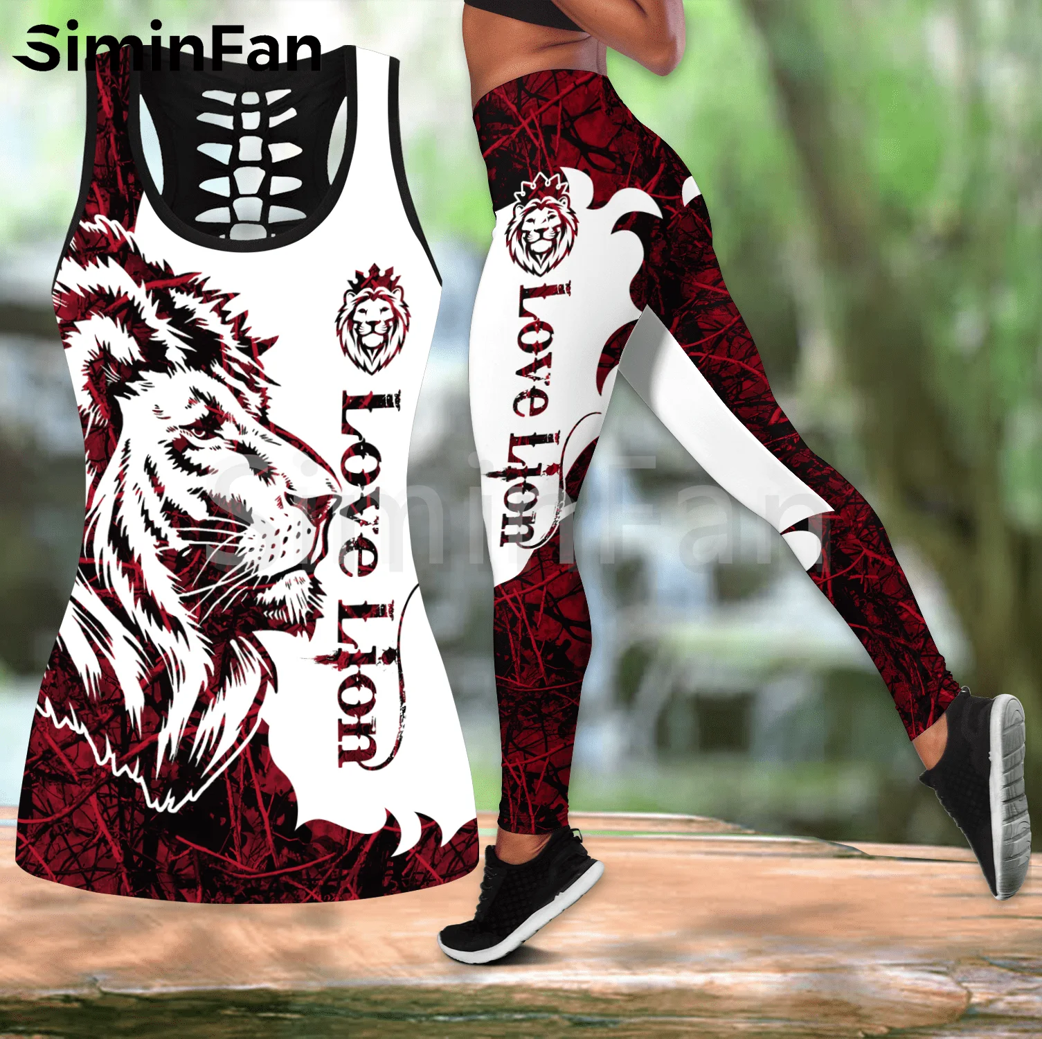 

Lion Tribal Style Wolf Combo Outfit Two Piece Yoga Sets Women 3D Printed Hollow Out Tank Top Legging Summer Vest Casual Pant 01