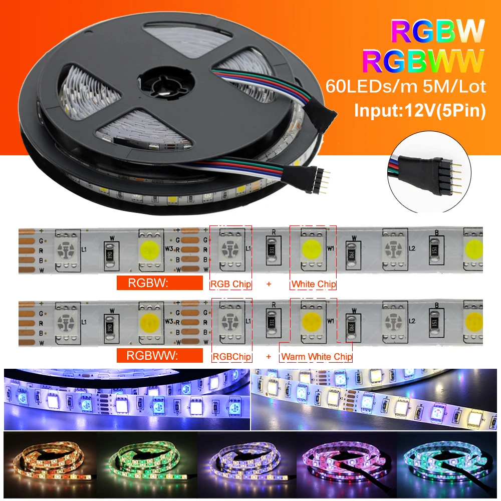 LED Strip 5050 DC12V 60LEDs/m Flexible LED Light RGB RGBW 5050 LED Strip 300LEDs 5m/lot