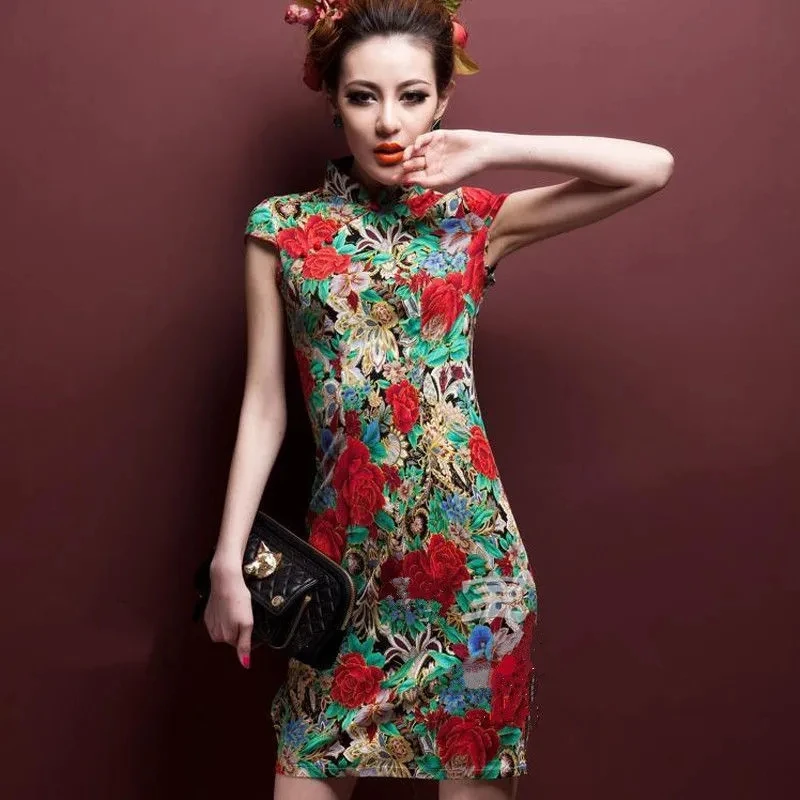 Black Red Nightingale Chinese Cheongsam Dress Stretch Cotton And Linen Chipao 5xl 4xl Sexy Traditional Vintage Qipao