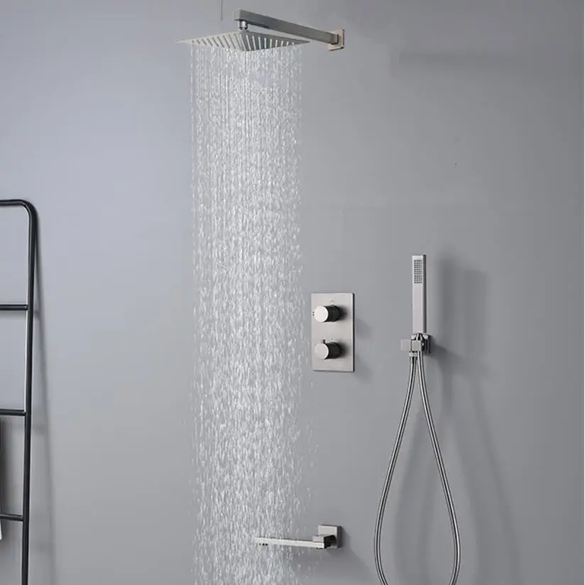 Gunmetal gray color Rain Shower Head Bathroom Brass Thermostatic Bath wall mounted Shower Set three way faucet shower set 609