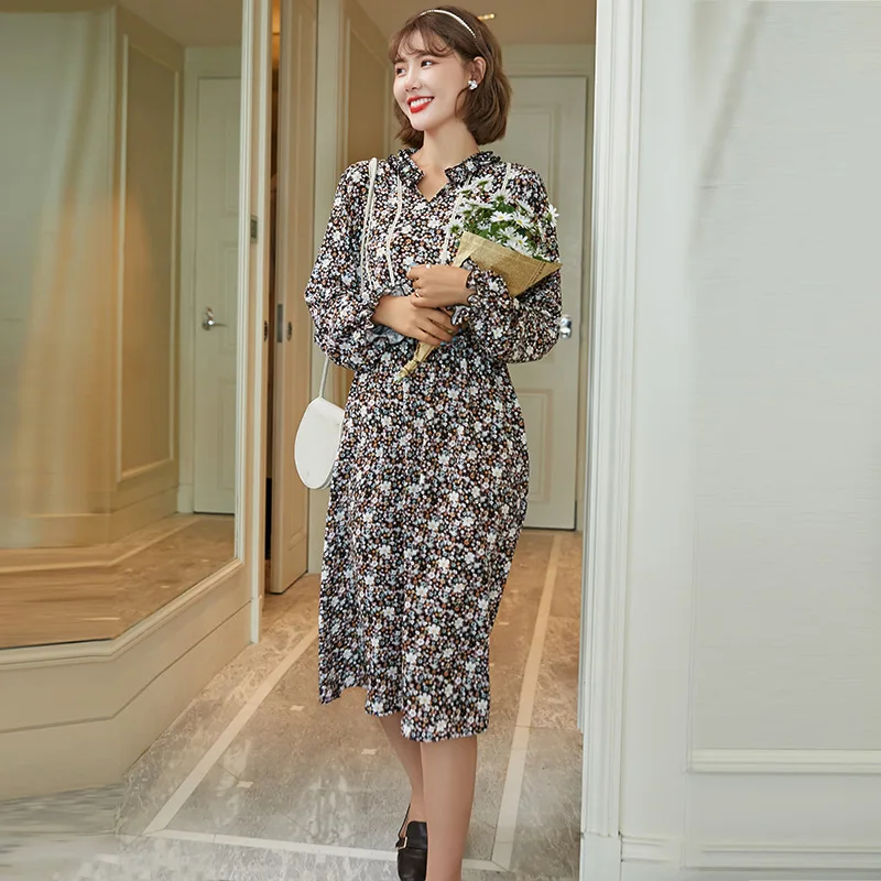 Maternity Clothes Autumn Mid-length Frilled V-neck Floral Versitile Fashion Freaky Loose out Skirt