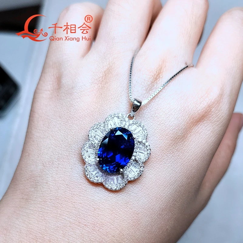 artificial blue color sapphire  flower 925 silver pendant necklace with 10*14mm 7.3ct main stone for jewelry