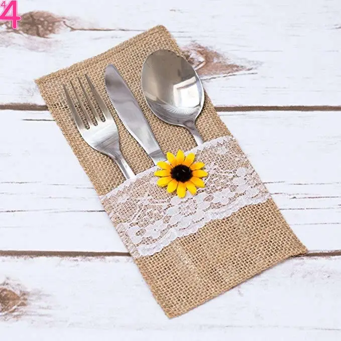 

Burlap Silverware Napkin Holders with Rustic Sunflower and Lace Cover,Cutlery Pouch for Vintage Wedding Table Decor Or Shower