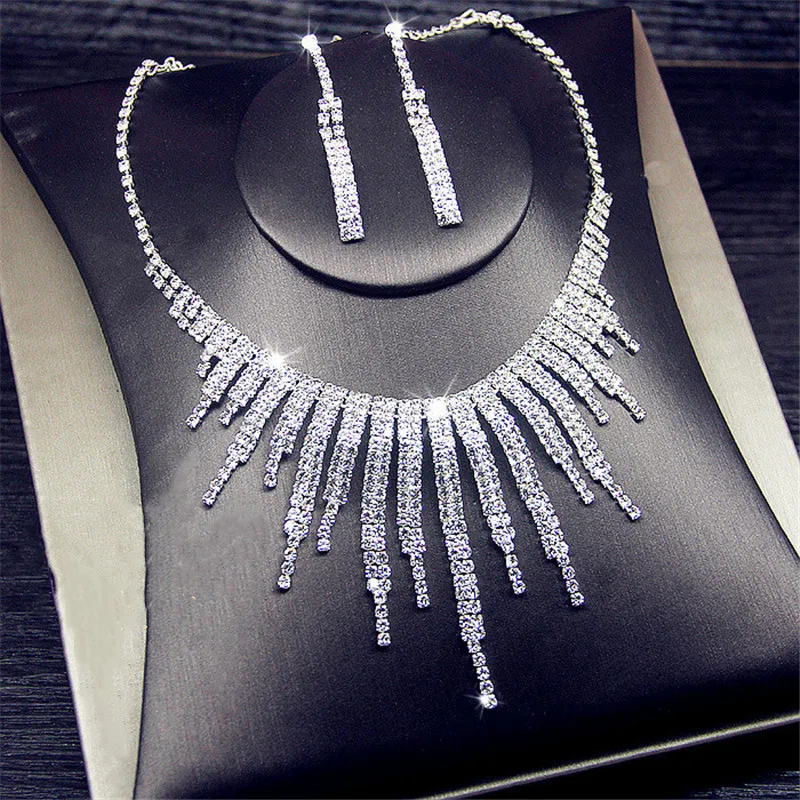 FYUAN Luxury Geometric Rhinestone Necklace Earrings For Women Long Tassel Bridal Weddings Jewelry Sets