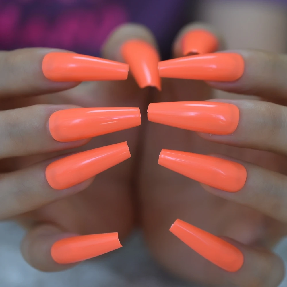 24pcs Orange Coffin False Nail Extra Long Full Cover Sculpted Ballerina Acrylic Fake Nails Fingernail Tips Manicure Charms