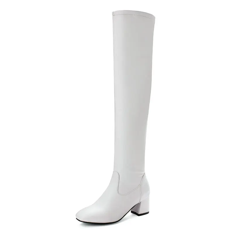 Black White Women Over the Knee Boots Comfortable Square Heel Women Long Boots Side Zipper Female Stretch Boots Plus Size 34-43