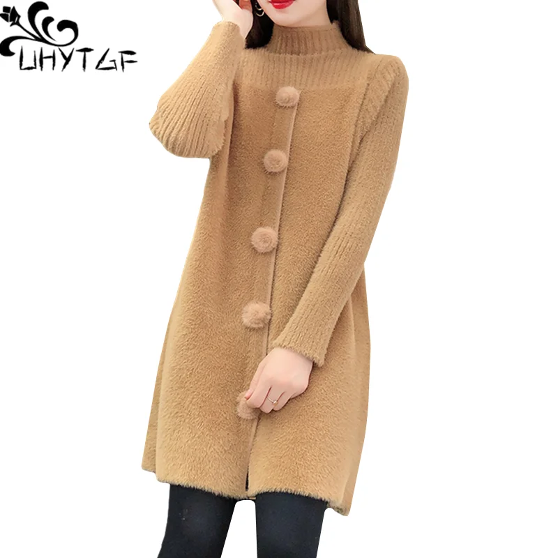 UHYTGF Mink Fleece Autumn Winter Sweaters Women Long Sleeve Half Turtleneck Pullover Bottoming Clothes Loose Big Size Tops 1890