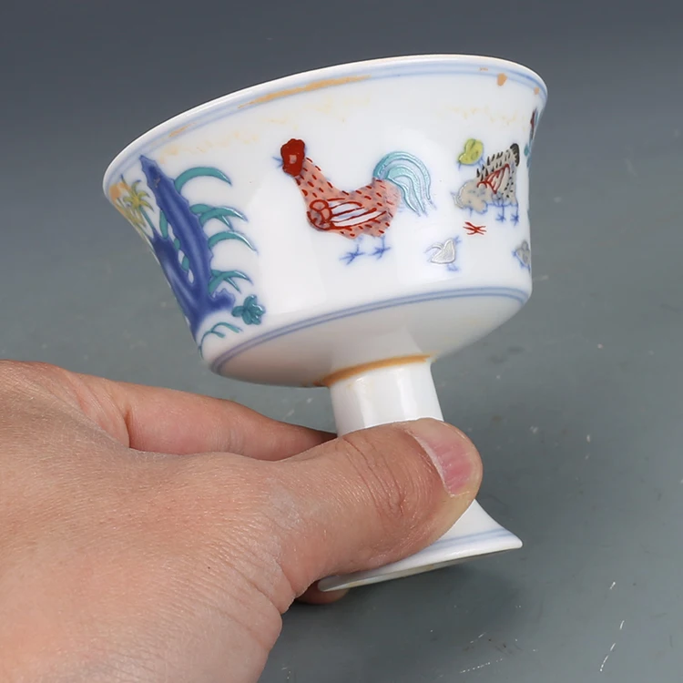 Daming Chenghua Year Mark Colorful Chicken Goblet Antique Porcelain Tea Cup