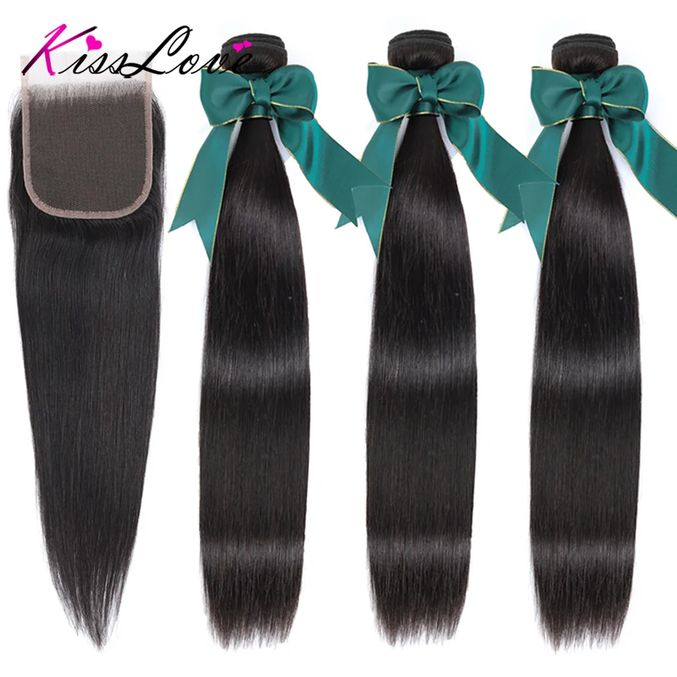 

Brazilian Hair 3 Bundles with Closure Straight Hair Bundles with Closure Remy 100% Human Hair Extension Kiss Love