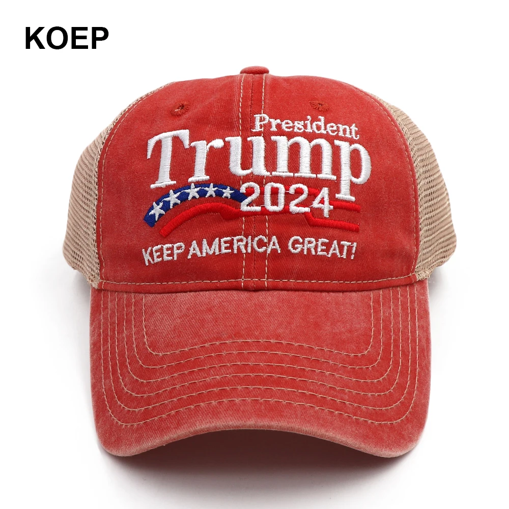 KOEP New Donald Trump 2024 Cap Washed Mesh Baseball Caps Keep America Great Snapback President Hat Embroidery Drop Shipping