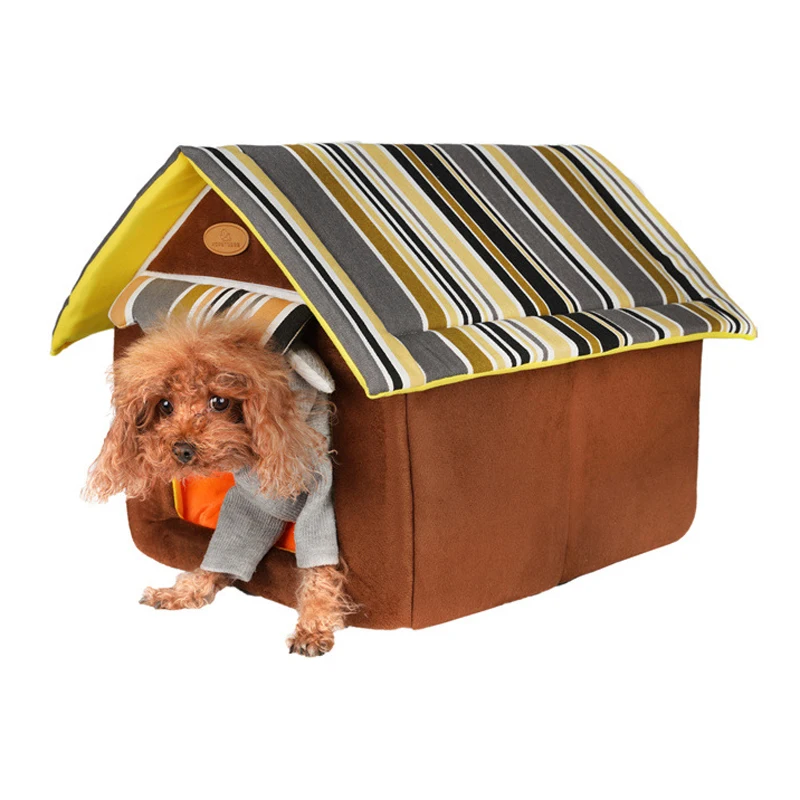 House Shape Removable Dog Houses Striped Folding Warm and Cozy Pet Kennel Portable Dog Cat House Foldable Pet Supplies 3 Size