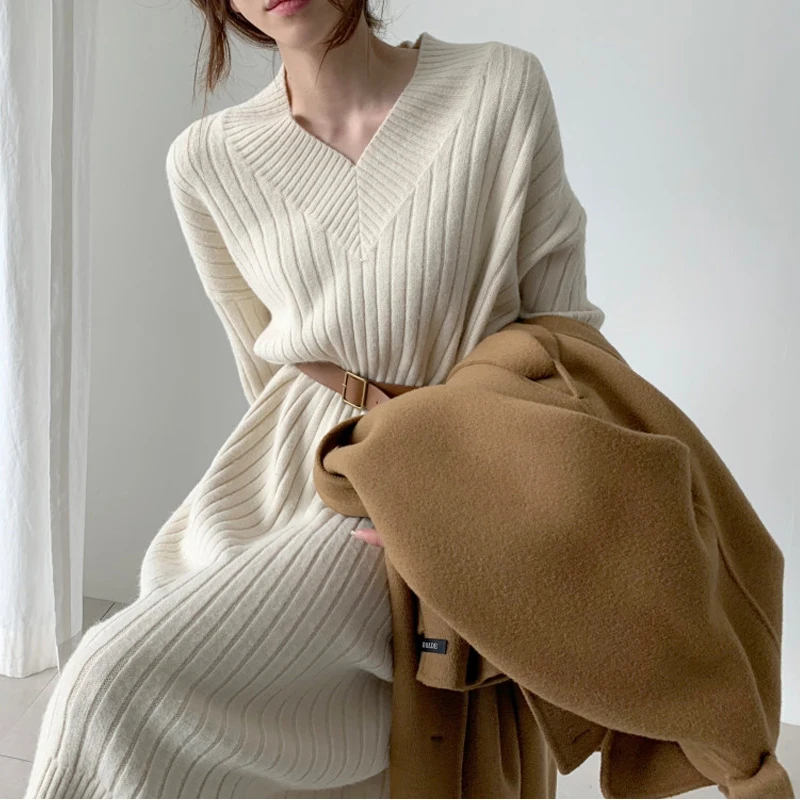 

Wavsiyier Thick Winter Autumn Vintage Sweater Dress Women Jumper Solid Korean 2020 Cute Pullover Knitted Loose Elegant Fashiond