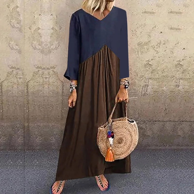 Popular Stitching Contrast Color Irregular Long Sleeve Dress