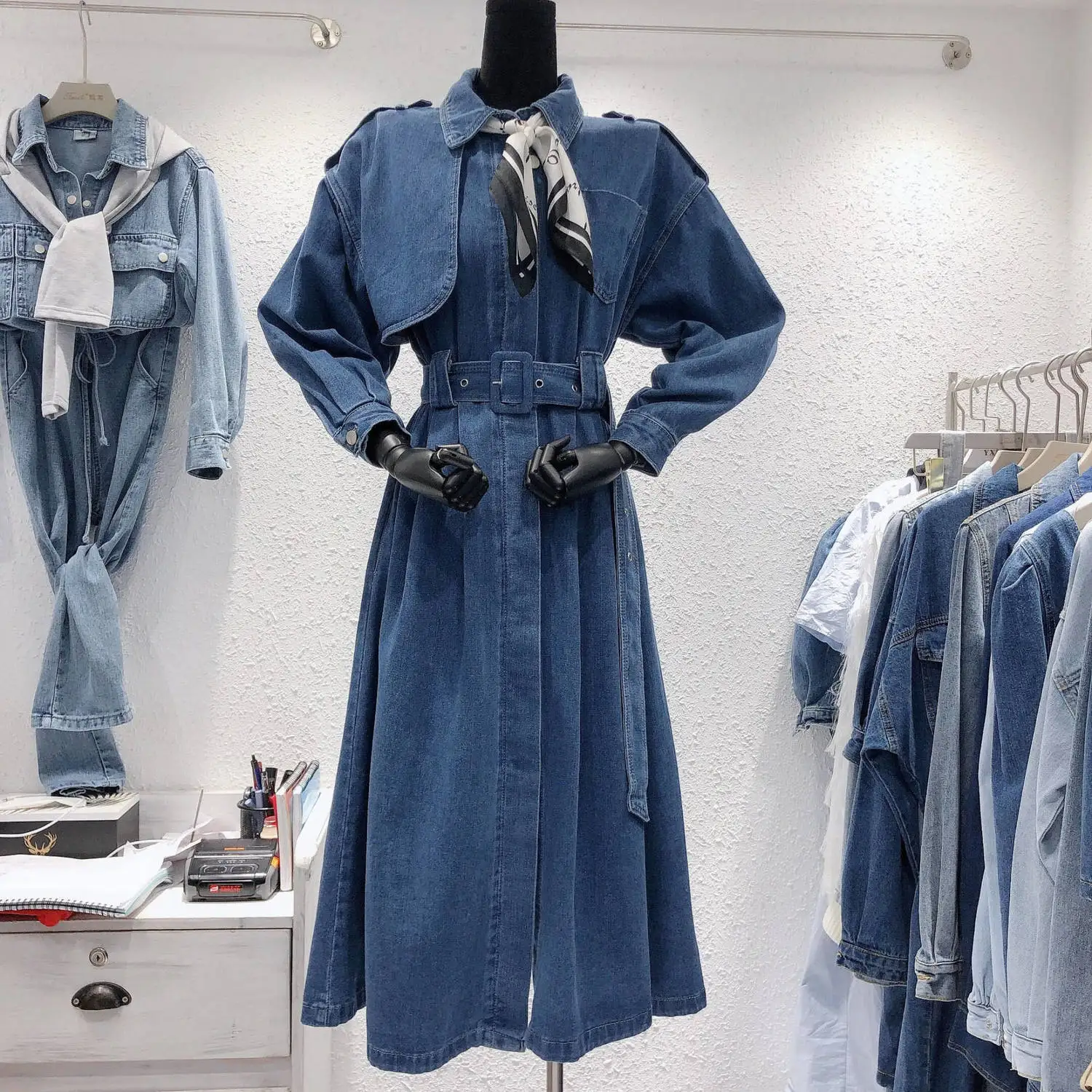 ROENICK Women Casual Solid Cowboy Trench Coats Fashion Sashes Office Lady Outwear Chic Designer Long A-Line Autumn Denim Outcoat