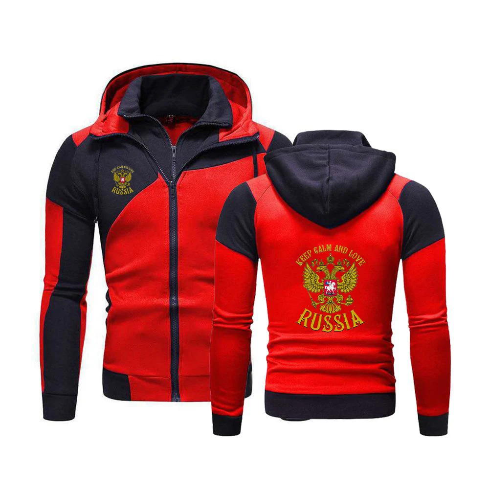 Russia Badge Gold Eagle Printing Fashion Color Block Autumn Men's Hoodies Sweatshirt Sportswear Jacket Double layer Zip Cardigan