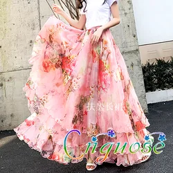 Plus Size 4XL 5XL 6XL Summer Bohemia Fashion Sweet Cute Holiday Pink Floral Chiffon Woman Female Skirt Designs for Womens