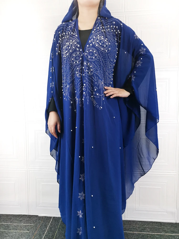 African Fashion Dresses for Women Abaya Turkey New 2022 Dubai Long Robe Islamic Muslim Chiffon Blue Clothing Loose DR-323