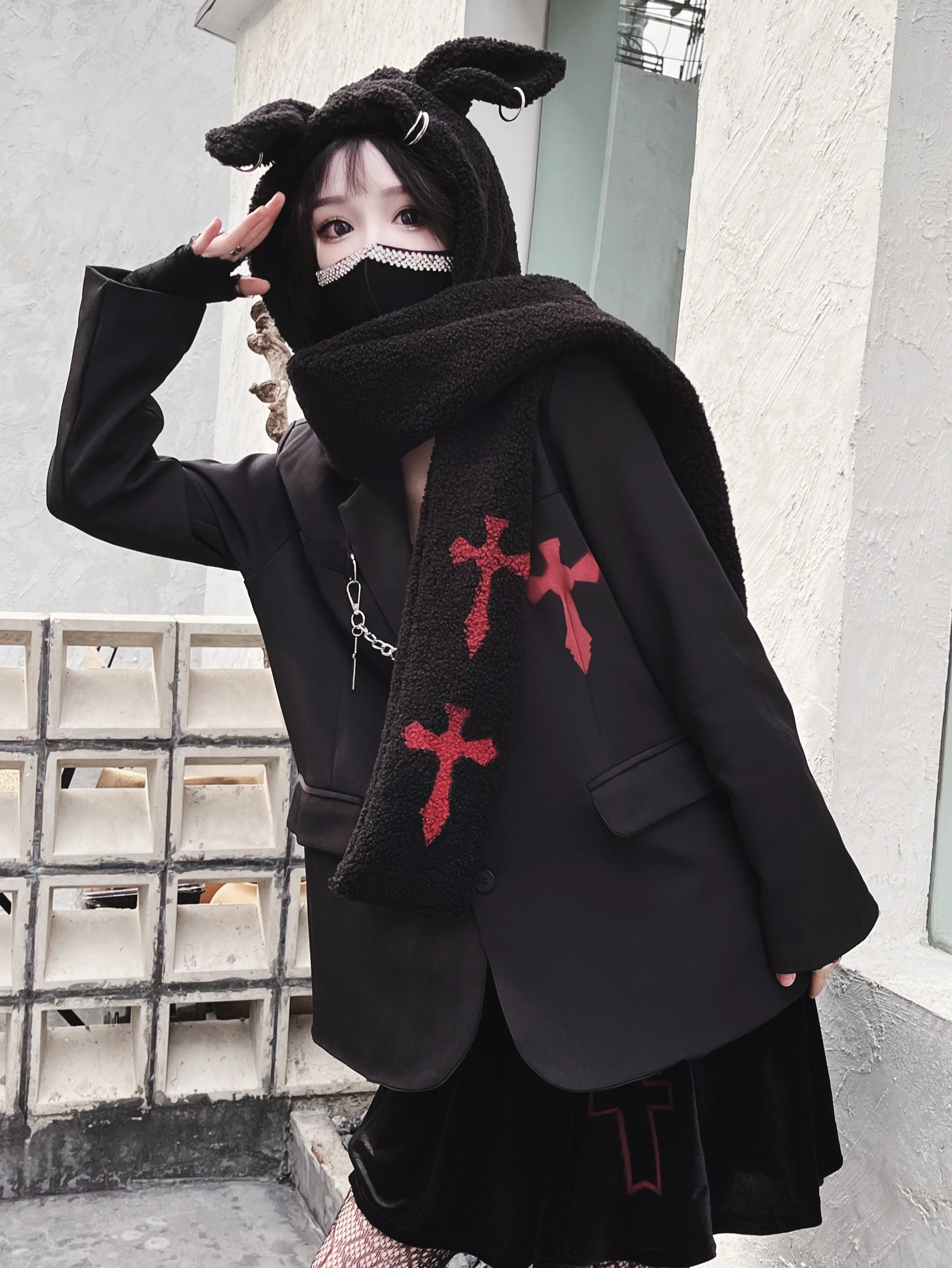 Harajuku Punk Rabbit Ear Hat Skull Letter Cross Plush Scarf Hat Women Winter Warm Hooded Windproof Earflap Scarf Streetwear