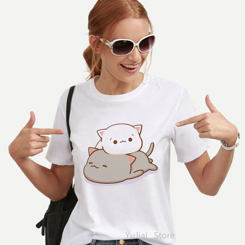 Peach And Goma Mochi Cat Love Boba Print Tshirt Women Clothes 2024 Funny T Shirt Femme Hamburger T-Shirt Female Wholesale