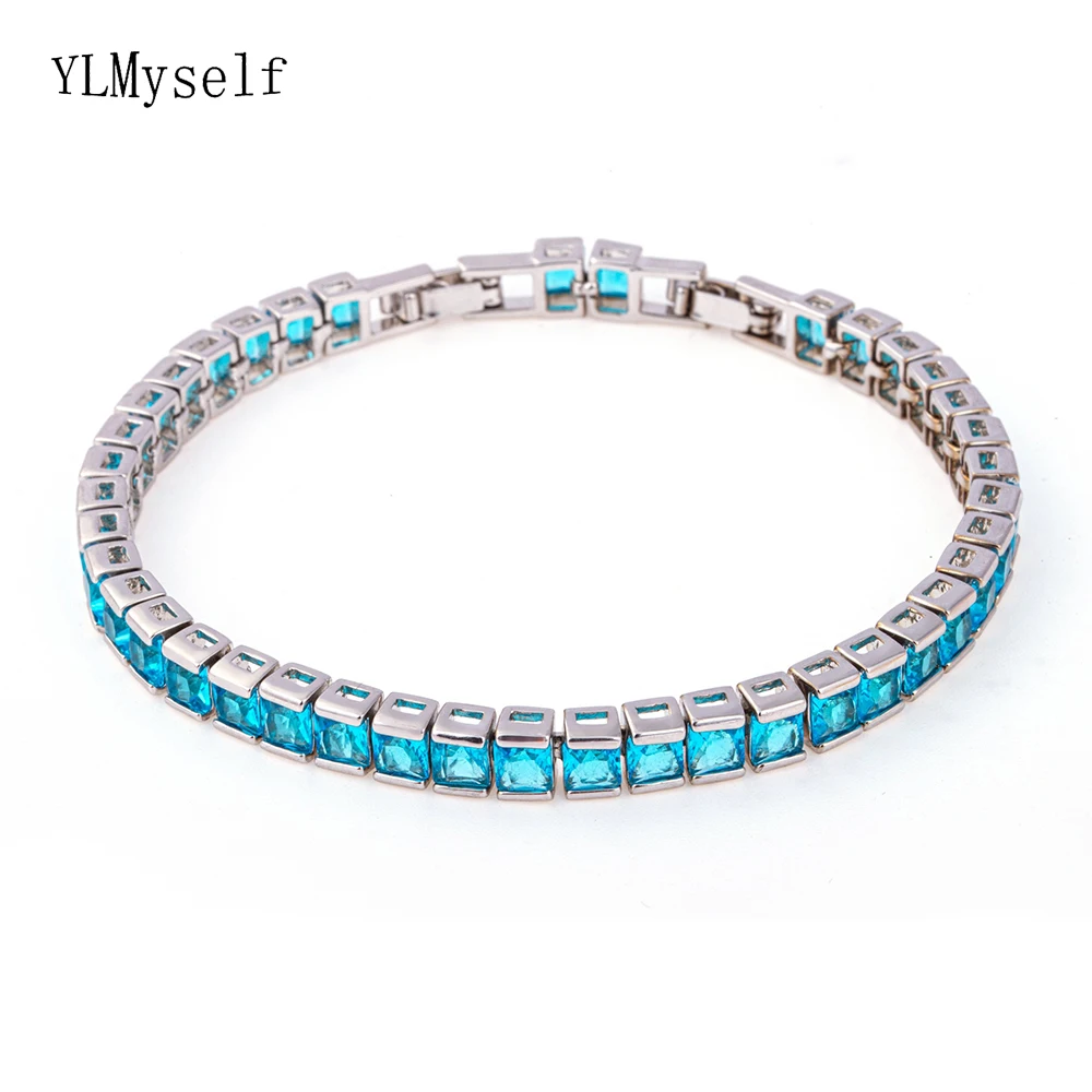 

Brass 6 mm Wide Square Chain Bracelet 7-8 Inch With Full Blue/Red/Green/White Zircon Hip Hop Rock Jewelry Unisex Wrist