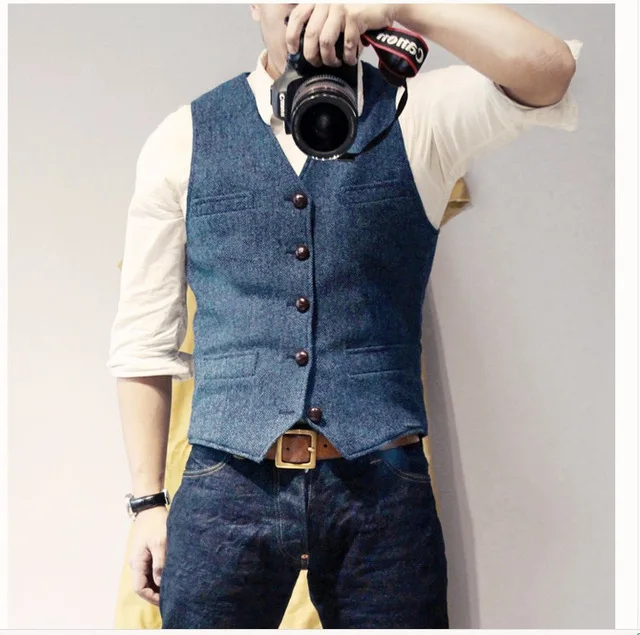 Men\'s Suit Vest Blue Single Breasted Woolen Blended Mens Vest Denim Jeans Waistcoat Jacket Slim Fit Casual Formal Business