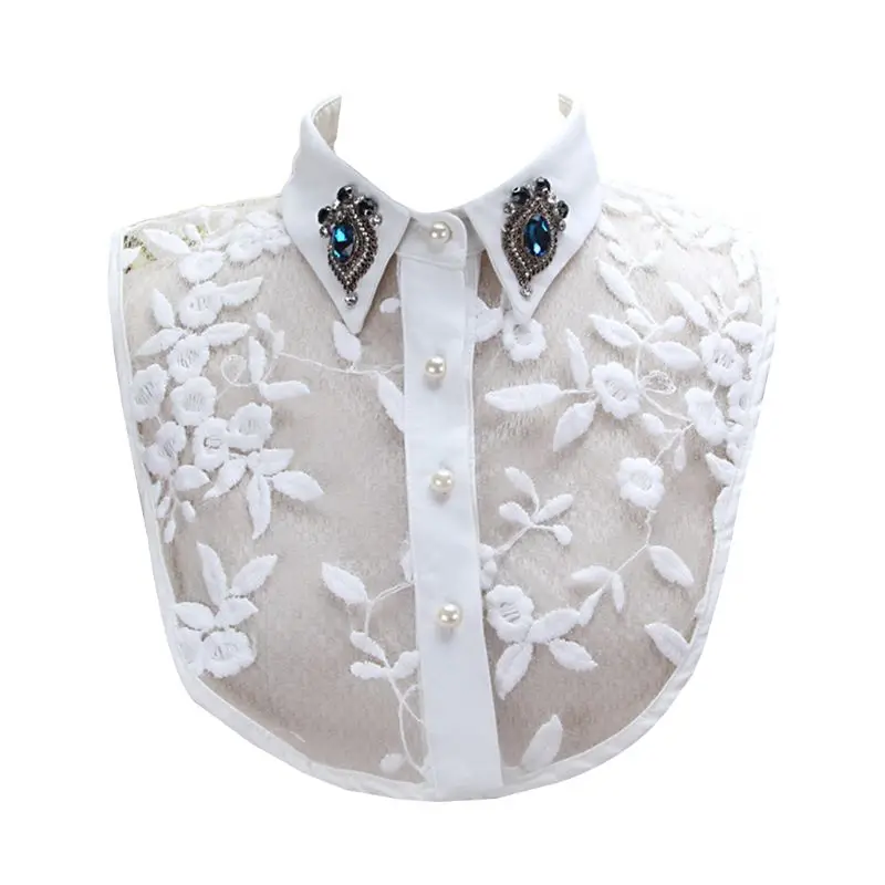 

Women Faux Crystal Lapel Detachable Half-Shirt Imitation Pearls Lace Fake Collar