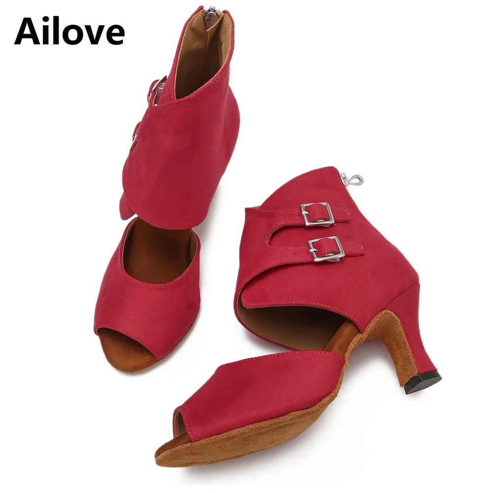 Ailove mulheres ballroom latin dança botas senhora salsa profissional sapatos de dança camurça vermelha social danc sandálias s039