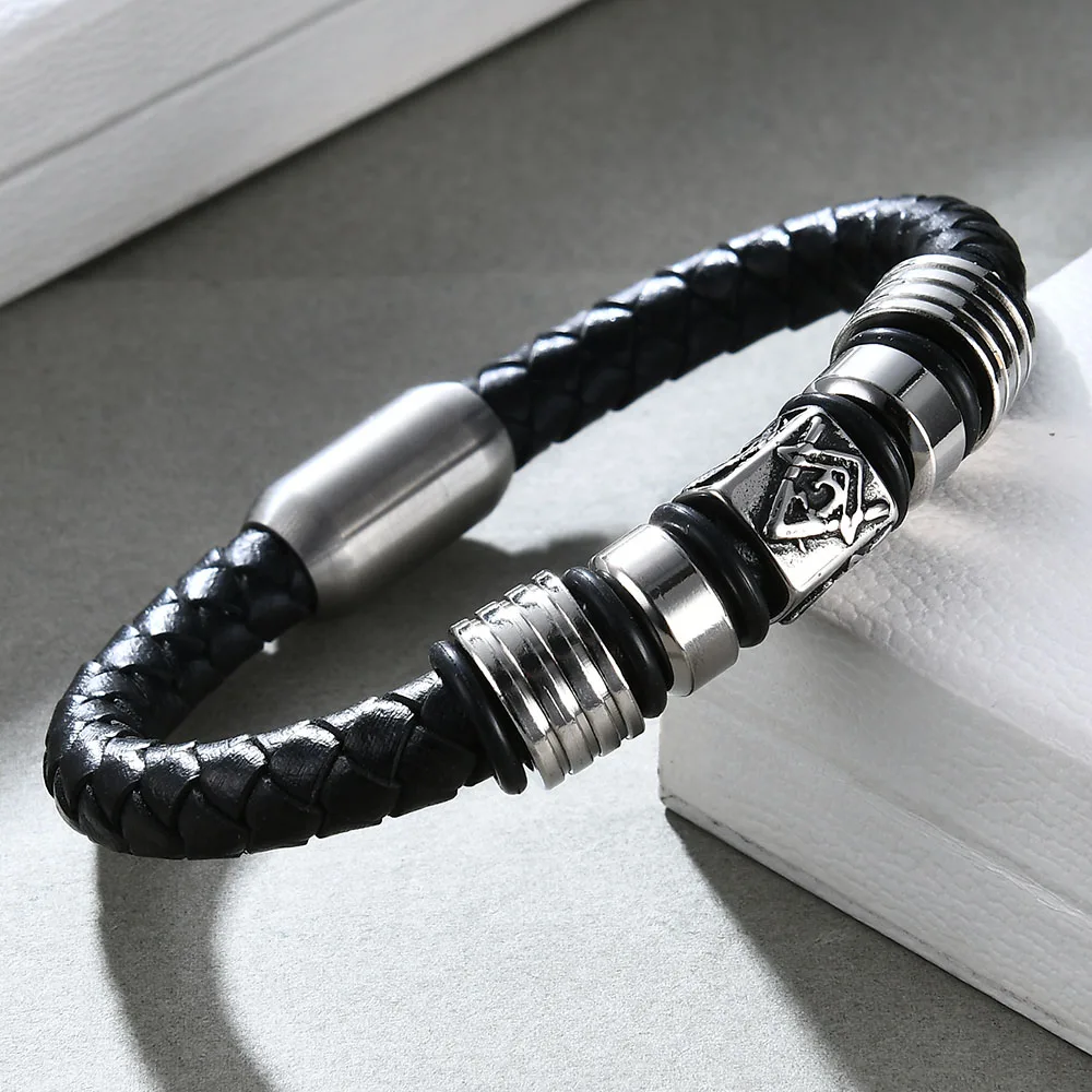 Men Jewelry Stainless Steel Black Leather Masonic Freemason Bracelet Braided Magnet Bangle