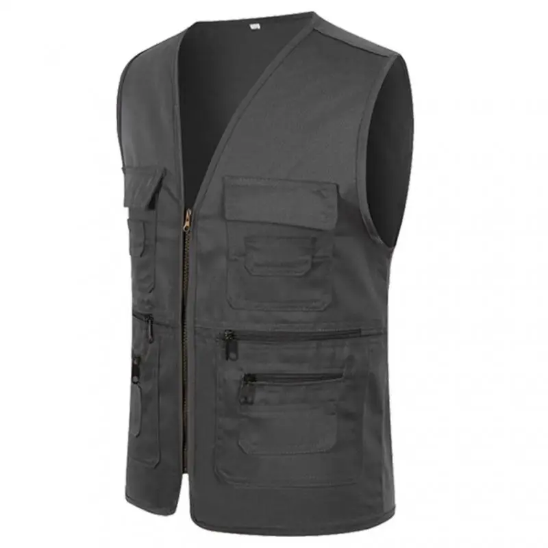 New Vest Men Casual Sleeveless Cargo Jacket Multi Pocket Waistcoat Fashion Outdoor Vest Solid Color Zipper Vests Mens Clothing