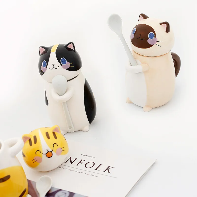 New Cute Cat Ceramics Coffee Mug With Spoon Creative Hand Painted Drinkware Milk Tea Cups Novelty Gifts