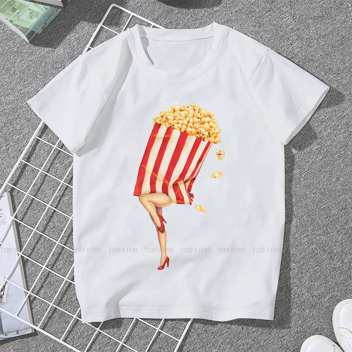 Let's All Go to the Lobby Popcorn Women's TShirt Pin Up Girl Model Pop Art Girls Basic Tees O-neck Female T Shirt Fashion Gift