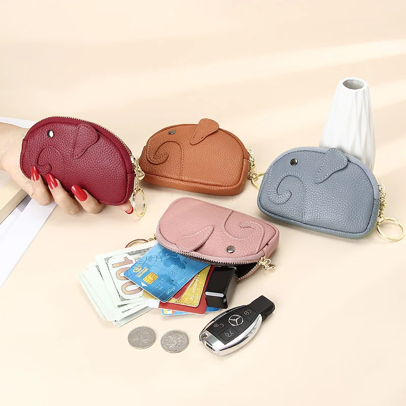 Cute Cartoon Elephant Money Purses Genuine Leather Women Card Holder Wallet Small Coin Pocket Female Key Chain Clutch Purse Bag