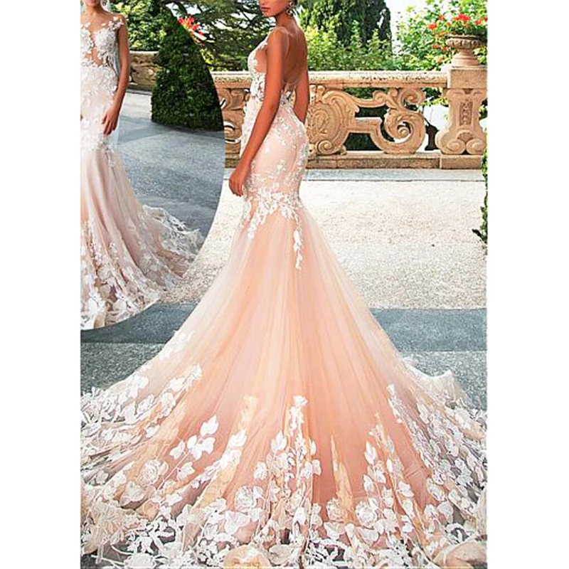 Lovedess rosa Boho abito da sposa sirena Appliques di pizzo Sexy Backless abiti da sposa manica corta Tulle Sweep Train Robe de mariée