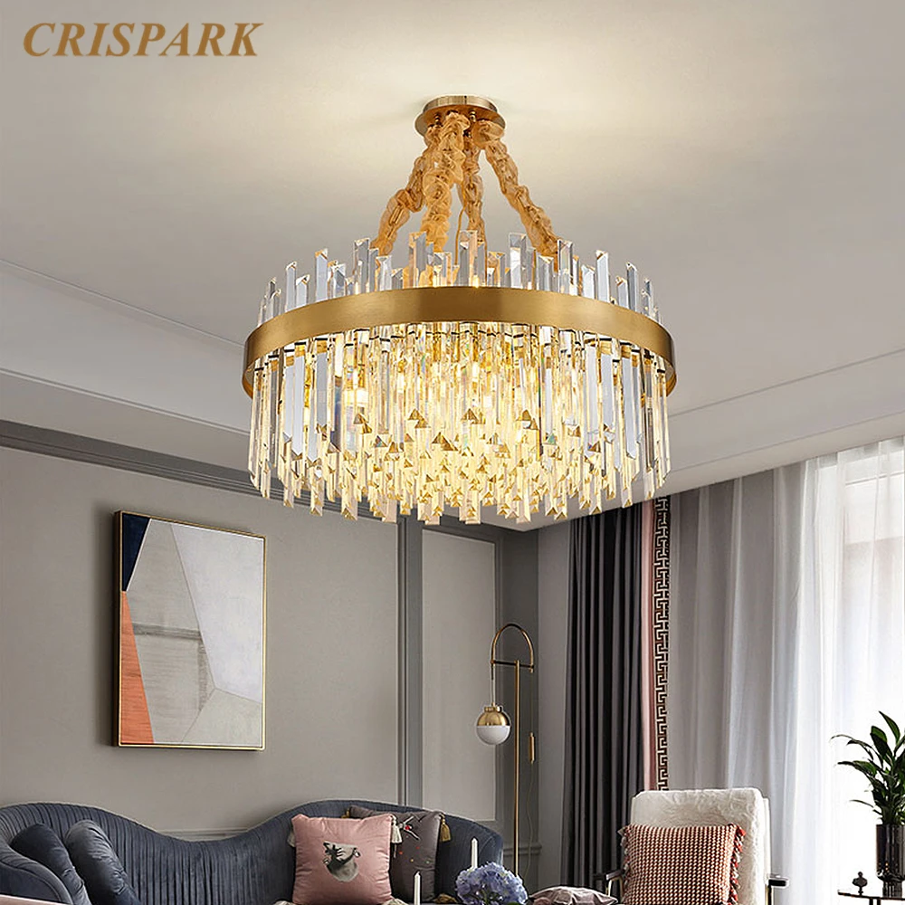 Copper Crystal Chandelier Lighting Round Cristal Prism Modern Luxury Ceiling Lamp Art Deco Indoor Light Fixture for Living Room