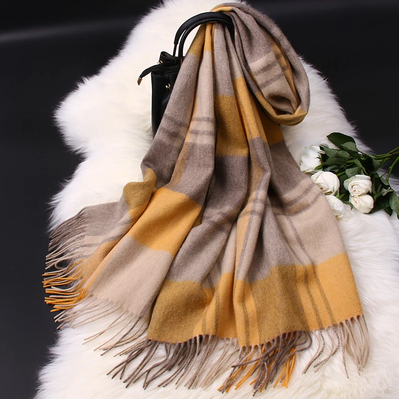 100% Pure Wool Scarf Women Luxury Shawls Wraps Checked Pashmina Foulard Femme Winter Warm Plaid Cashmere Scarves Femme Echarpe