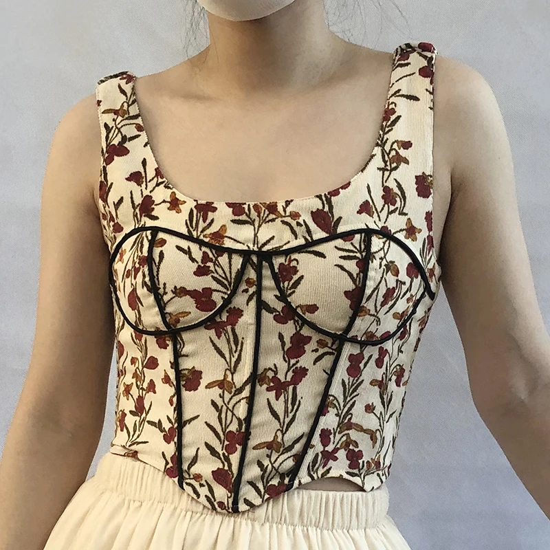 Korea Style Cute Floral Print Vintage Corset Vest Top Crop for Women