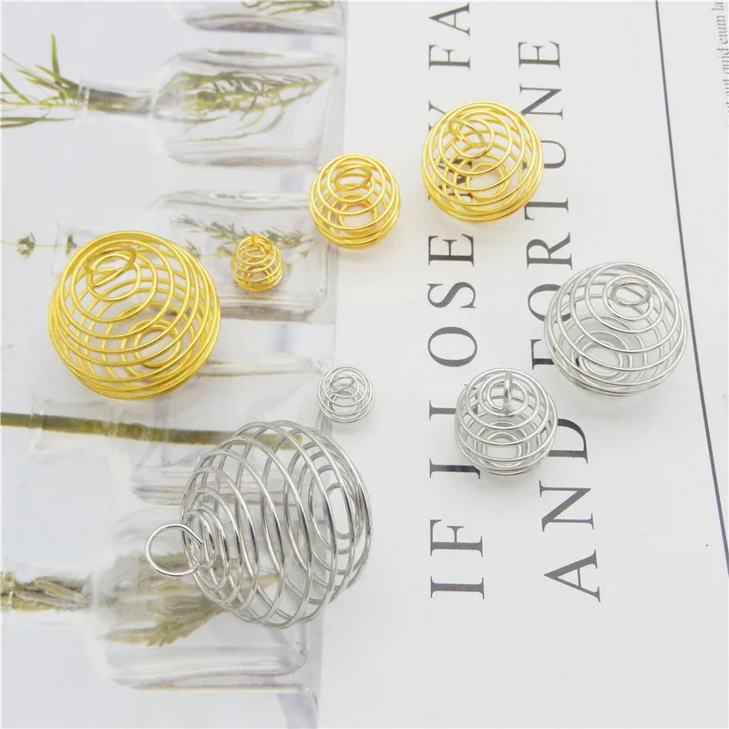 Julie Wang 10-40PCS 4 Sizes Spiral Bead Cages Pendant Charms Golden Silver Color Stone Holder Necklace Jewelry Making Accessory