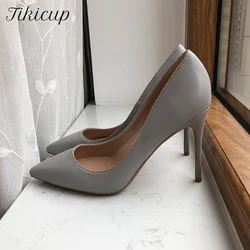 Tikicup Solid Grey Matte Women Pointy Toe 8-12cm High Heel Shoes Office Ladies Elegant Fashion Comfortable Stiletto Pumps Gray