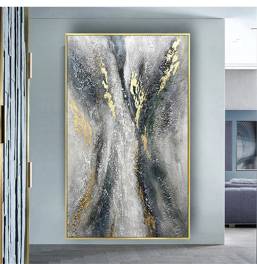 Modern Abstract 100% Hand-Painted Canvas Oil Painting Gold Black Grey Texture Depicting Sky Vintage Wall Decor Art Hallway Porch