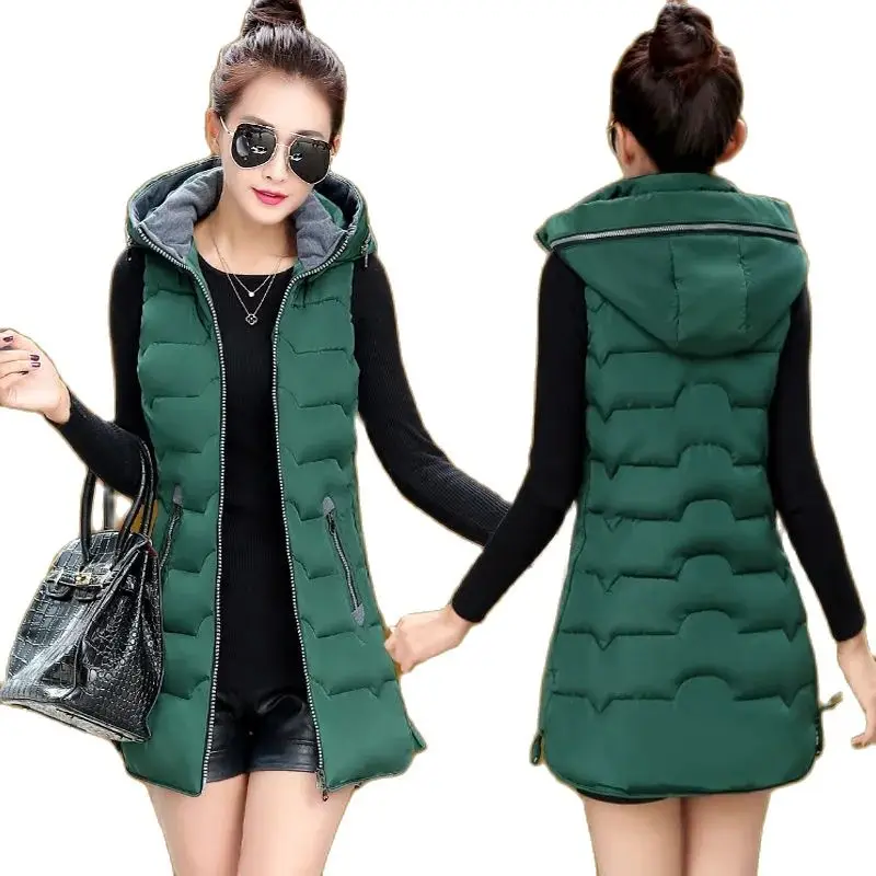 5XL2024 New Autumn Winter Mid-length Down Cotton Women\'s Vest Coat Solid Color Zipper Hooded Casual Waistcoat Ladies Vest Jacket