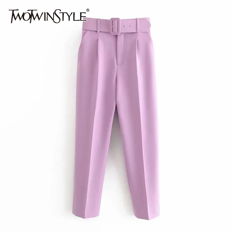 

TWOTWINSTYLE Casual Solid Color Pants For Women High Waist Belt Straight Long Pants Female 2021 Spring New Womens Clothing