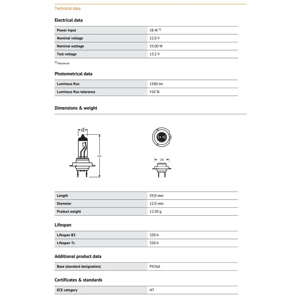 OSRAM H7 12V 55W PX26d 64210 Original Line Car Halogen Headlight Auto Bulb 3200K Standard Lamp OEM Made In Germany (Single)